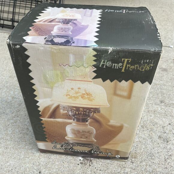 NIB Home Trends Hurricane Lamp 15" Floral with Antique Brass Finish NEW Box HLBN